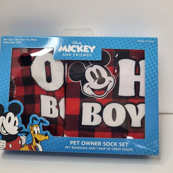 New Disney Mickey Mouse Pet Owner Matching Set Crew Socks Dog Bandana Plaid Red - Picture 1 of 15